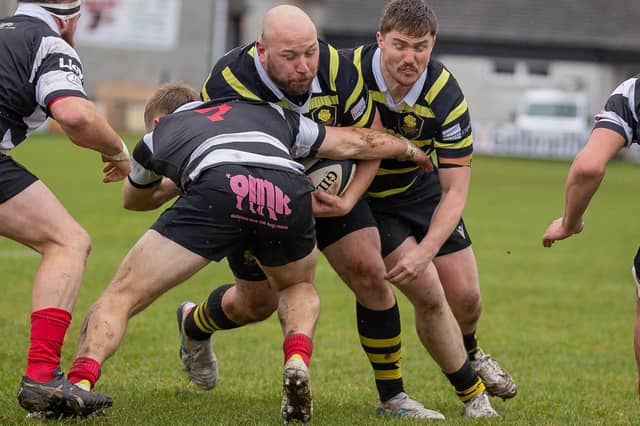 Tighthead prop Zen Szwagrzak on the ball for Melrose, with Craig Fairbairn supporting and Max Cranston tackling, as they lost 39-22 away to Kelso at Poynder Park on Saturday (Photo: Andy McLean)