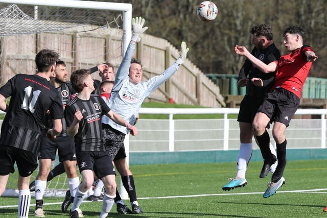 Duns Amateurs losing 4-0 in their South of Scotland Amateur Cup semi-final against Lanark's Kirkfield United at Netherdale in Galashiels on Saturday (Photo: Brian Sutherland)