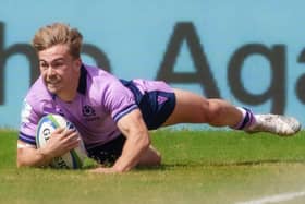 Southern Knights winger Finn Douglas scoring a try for Scotland's under-20s against the USA at the World Rugby U20 Trophy in Kenya yesterday (Photo by World Rugby)