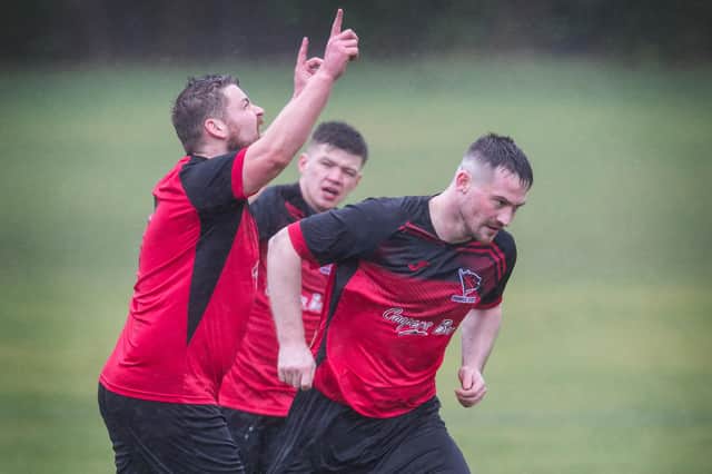 Ross Scott celebrating scoring for Hawick Colts against Tweeddale Rovers Colts on Saturday (Photo: Bill McBurnie)