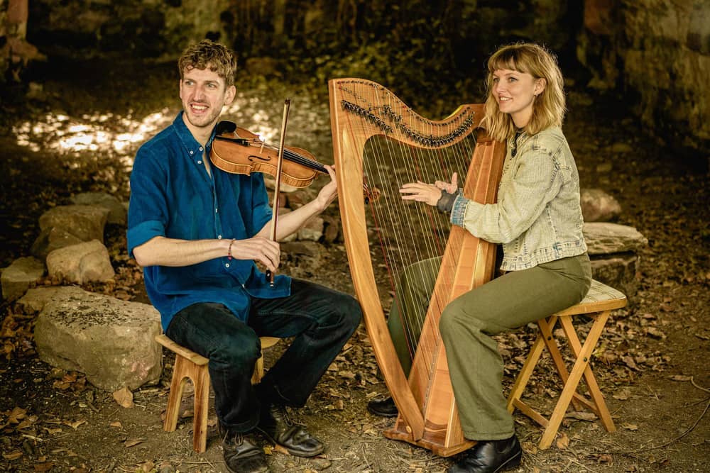 Fiddle player Charlie Stewart and harpist Rebecca Hill will perform at Fogo Kirk on October 18.