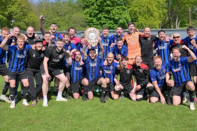 Duns Amateurs celebrating beating Langlee Amateurs 2-0 at home on Saturday to win the Border Amateur Football Association's A division title for the second year on the trot (Photo: Duns Amateurs FC)