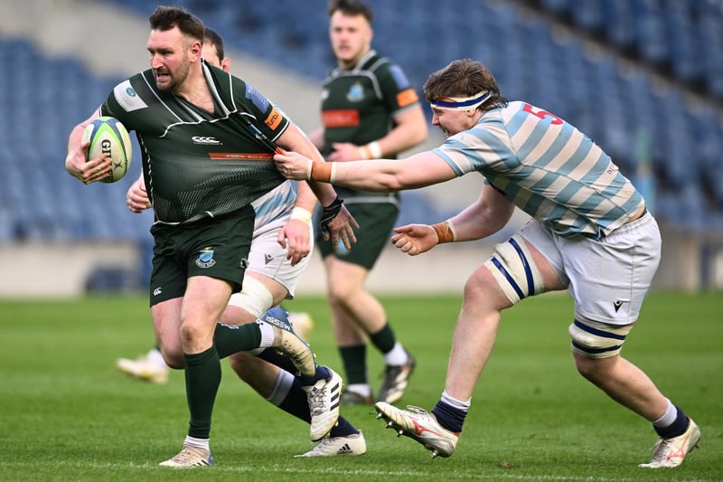 Lee Armstrong having his shirt pulled by Struan Whittaker during Hawick's 32-29 Scottish cup final win against Edinburgh Academical at the capital's Murrayfield Stadium on Saturday (Photo: Paul Devlin/SNS Group/SRU)
