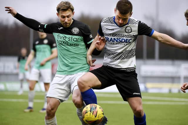 Gala Fairydean Rovers goal-scorer Danny Galbraith putting a challenge in against East Stirlingshire at the Falkirk Stadium on Saturday (Photo: Alan Murray)