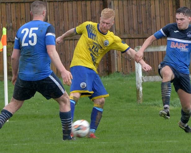 Conor Kelly on the ball for Dunipace during their 8-0 win away to Vale of Leithen at Victoria Park on Saturday in the East of Scotland Football League's first division (Photo: Alwyn Johnston)