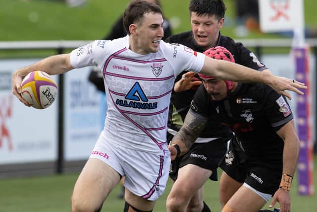 Liam McNamara on the ball for Ayrshire Bulls during their Fosroc Super6 Sprint Series match versus Southern Knights at the Greenyards in Melrose in May (Photo by Bruce White/SNS Group/SRU)