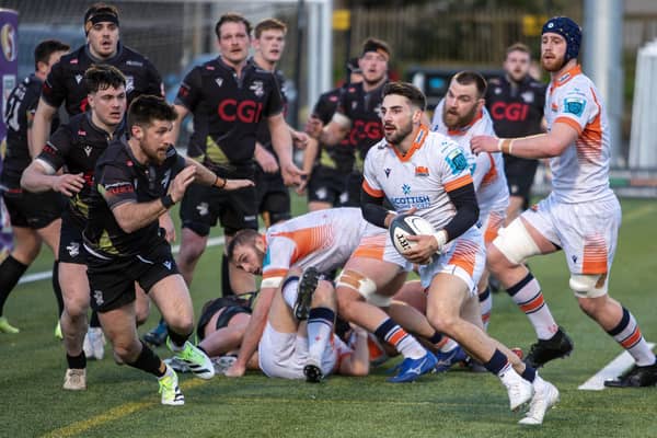 Gregor McNeish looking to halt a run by Charlie Shiel during Southern Knights 54-19 loss at home to Edinburgh A at Melrose's Greenyards on Friday (Photo: Craig Murray)