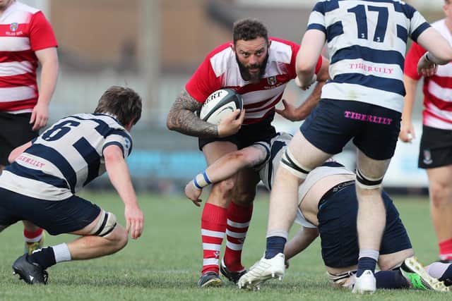 Player-coach Bruce McNeil on the attack during Kelso's 24-24 draw with Heriot's Blues at home at Poynder Park on Saturday (Photo: Brian Sutherland)