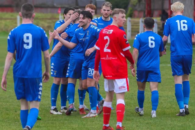 Coldstream players celebrating Gary Windram putting them 2-1 up at Camelon on their way to an eventual 5-3 defeat (Photo: Scott Louden)