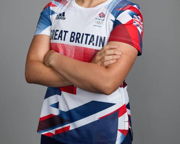 Hawick's Lisa Thomson, a member of the Great Britain Olympic rugby sevens team, during a Tokyo 2020 kitting-out on June 18, 2021, in Birmingham (Photo by Karl Bridgeman/Getty Images for British Olympic Association)