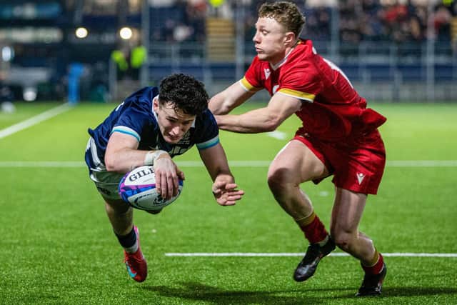 Nairn Moncrieff scoring a first-half try for Scotland during their 27-12 Under-20 Six Nations win at home to Wales at Edinburgh’s Hive Stadium on Friday (Photo by Ewan Bootman/SNS Group/SRU)