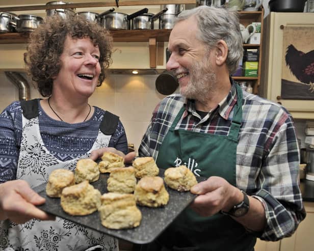 Sukie and Bill Barber with their home baking which was sold to raise cash for Ukraine.