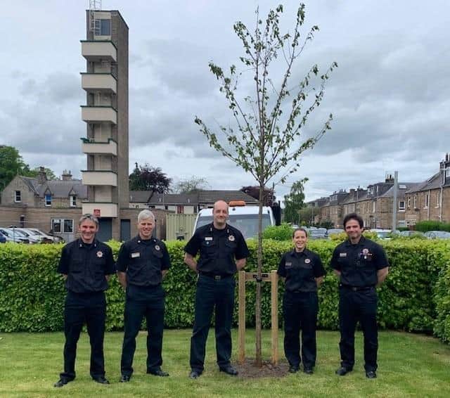 Members of Galashiels' Green Watch with the newly-planted tree.