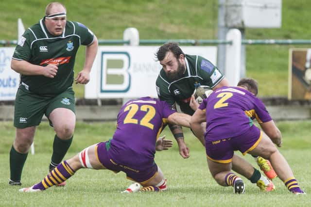 Shawn Muir on the ball for Hawick against Marr on Saturday, supported by team captain Matt Carryer (Pic: Bill McBurnie)