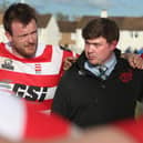 South of Scotland head coach Matty Douglas talking to his players during their 27-25 win against Glasgow and the West in rugby's national inter-district championship at Kelso's Poynder Park on Saturday (Photo: Steve Cox)