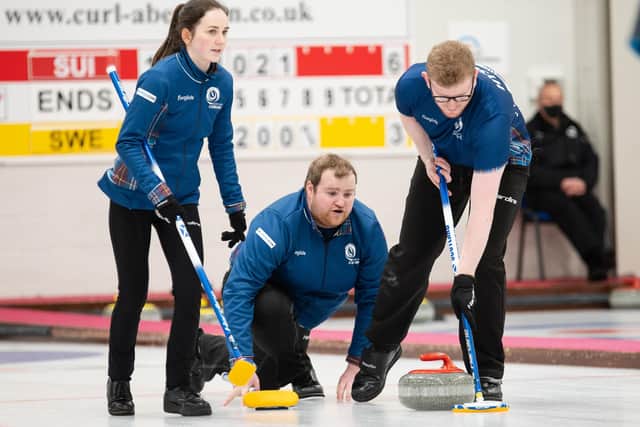 Cameron Bryce, Scott Hyslop and Robyn Munro in action at 2022's World Mixed Curling Championship in Aberdeen (Pic: WCF/Ansis Ventins)