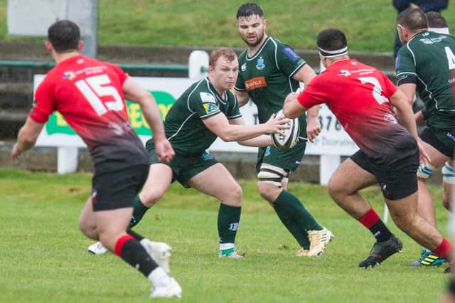Gareth Welsh on the ball for Hawick, with Stuart Graham in support, against Glasgow Hawks at Mansfield Park in October (Photo: Bill McBurnie)