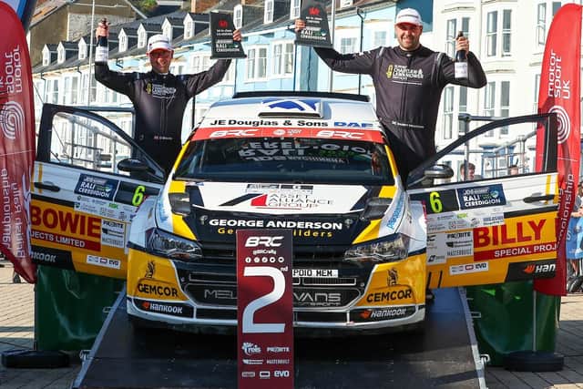 Duns driver Garry Pearson and co-driver Daniel Barritt celebrating their British Rally Championship second place at the weekend at the Rali Ceredigion in Wales (Pic: British Rally Championship)