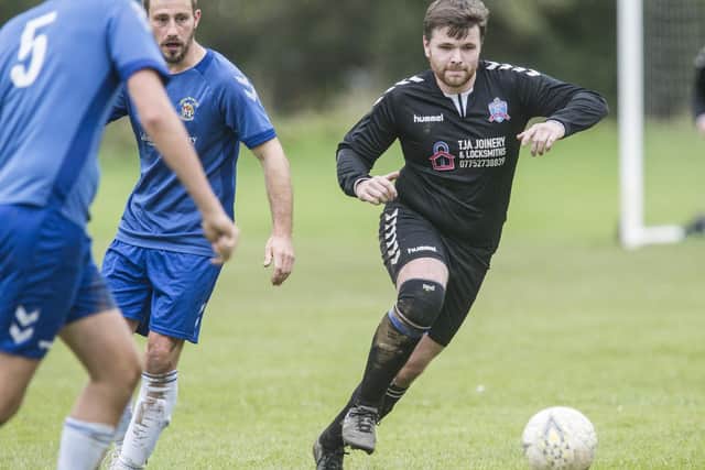 Ross Purves on the ball for Selkirk Victoria against Leithen Rovers during Saturday's 4-3 Wright Cup final victory in Jedburgh (Pic: Bill McBurnie)