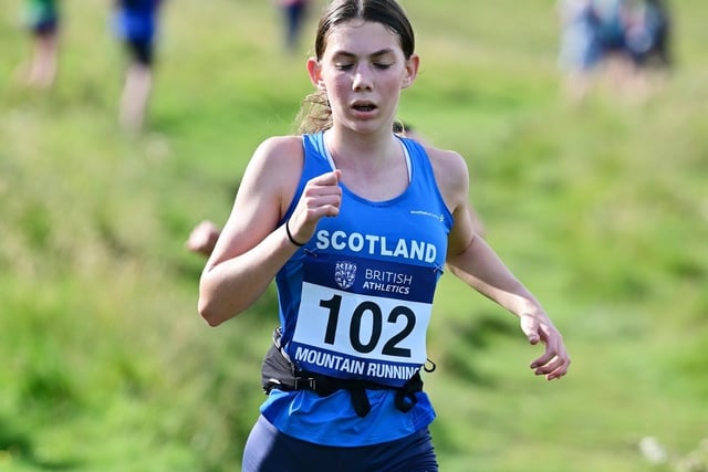 Kirsty Rankine running for Scotland's under-17s at Sunday's home countries hill-running junior international at Cademuir Hill, near Peebles, clocking 18:56