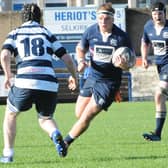 New recruit Callum Smyth on the ball for Selkirk versus Heriot's Blues on Saturday after coming on as a replacement (Photo: Grant Kinghorn)
