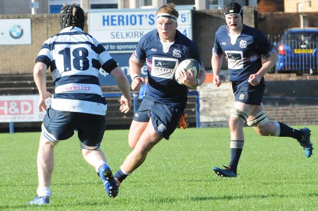 New recruit Callum Smyth on the ball for Selkirk versus Heriot's Blues on Saturday after coming on as a replacement (Photo: Grant Kinghorn)