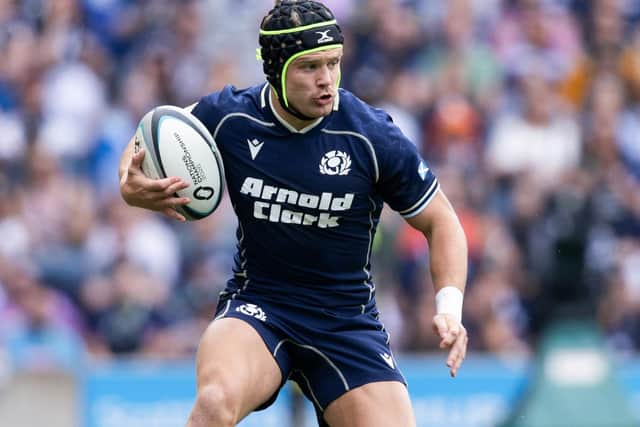Darcy Graham on the ball for Scotland during their 33-17 Nations Championship win hosting Fiji at Edinburgh’s Murrayfield Stadium on Saturday (Photo: Ross Parker/SNS Group/SRU)