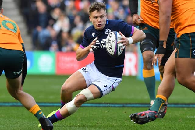 Scotland wing Darcy Graham making a break against Australia today at Murrayfield Stadium in Edinburgh (Photo by Andy Buchanan/AFP via Getty Images)