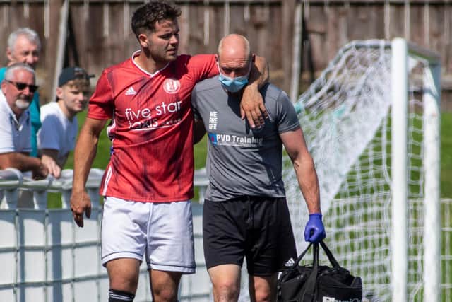 Gala Fairydean Rovers defender Ben Herdman going off injured during their game against East Stirlingshire in July (Photo: Thomas Brown)