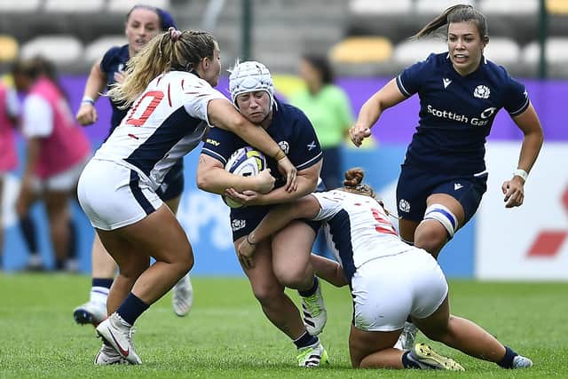Scotland's Lana Skeldon being tackled by the USA's Gabriella Cantorna during their countries' WXV 2 match in South Africa today at Cape Town's Athlone Stadium (Photo by Ashley Vlotman/Gallo Images/Getty Images)