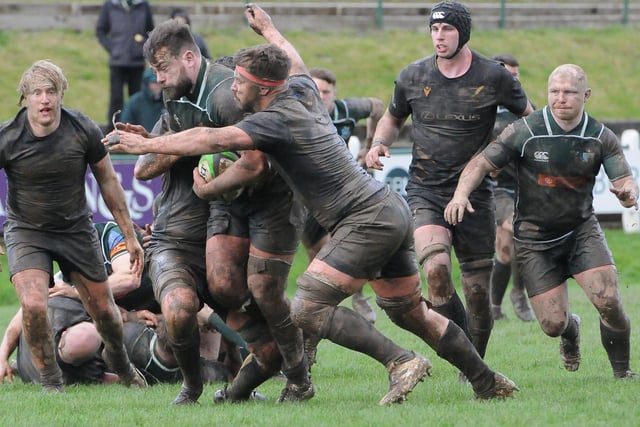 Captain Shawn Muir making a break during Hawick's 16-3 Scottish cup semi-final win at home to Currie Chieftains at Mansfield Park on Saturday (Photo: Grant Kinghorn)