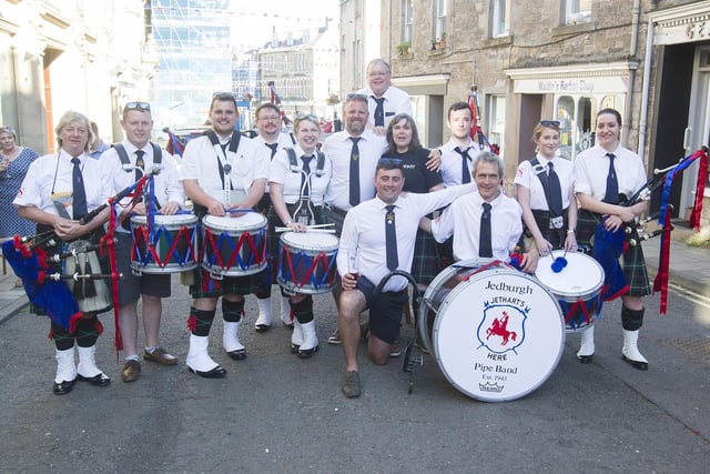 Jedburgh Royal British Legion Pipe Band with Callant Gregor Paxton, Right-hand Man Euan Munro and Herald Robert Reid on Sunday afternoon