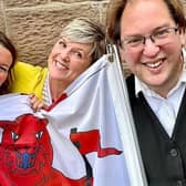 From left: Georgie Fay, Claire Beattie and Philip Tibbetts, Scotland's flag expert.