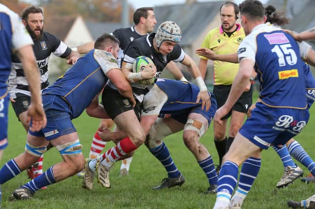 Dwain Patterson on the ball for Kelso during their 30-21 win at home to Jed-Forest at Poynder Park on Saturday (Photo: Brian Sutherland)