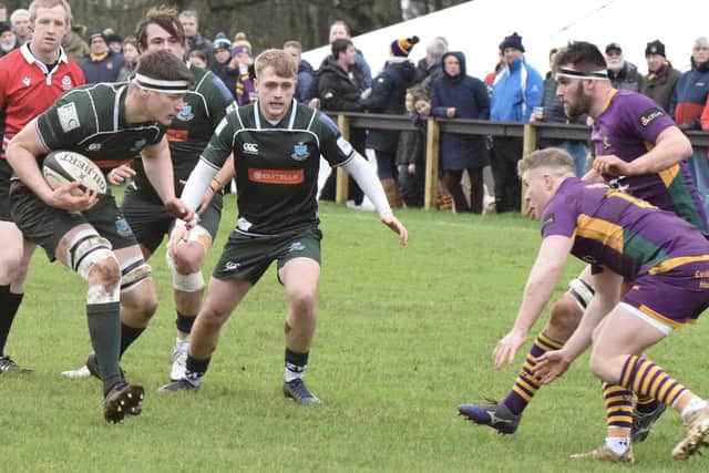 Hawick try-scorer Daniel Suddon on the ball at Marr at the weekend (Pic: Malcolm Grant)