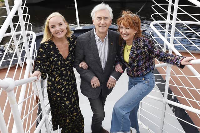 Denis Lawson with Anything Goes co-stars Kerry Ellis and Bonnie Langford on Ocean Mist at The Shore in Leith  Pic Greg Macvean