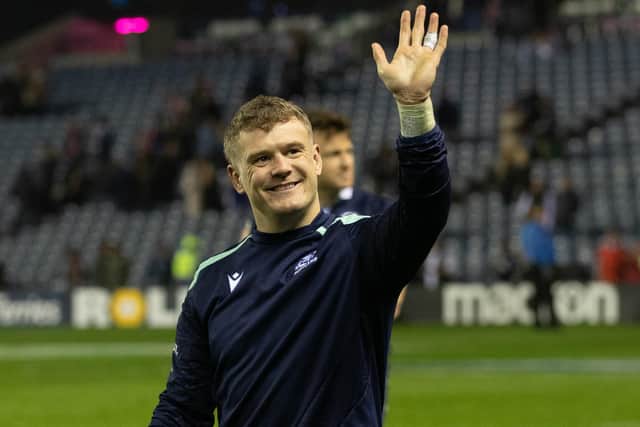 Try-scorer Darcy Graham acknowledging fans after Scotland’s 35-29 win against Wales in rugby’s Six Nations at Edinburgh’s Murrayfield Stadium on Saturday (Photo by Craig Williamson/SNS Group/SRU)