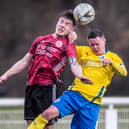 Gala Fairydean Rovers' Lewis Hall putting in an aerial challenge against Cumbernauld Colts on Saturday (Photo: Bill McBurnie)