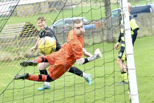 Greenlaw netting one of their five goals at Stow on Saturday (Pic: Linda Cruikshank)