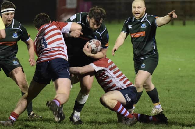 Visiting captain Shawn Muir on the attack, with Gareth Welsh and Russell Anderson in support, during Hawick's 38-7 Border League win away to Peebles at the Gytes on Friday (Photo: Malcolm Grant)