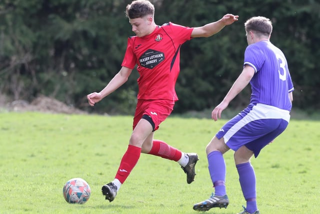 Mikey Gavana on the ball during Earlston Rhymers' 3-0 win at home to Hawick Waverley on Saturday in the Border Amateur Football Association's A division (Photo: Brian Sutherland)