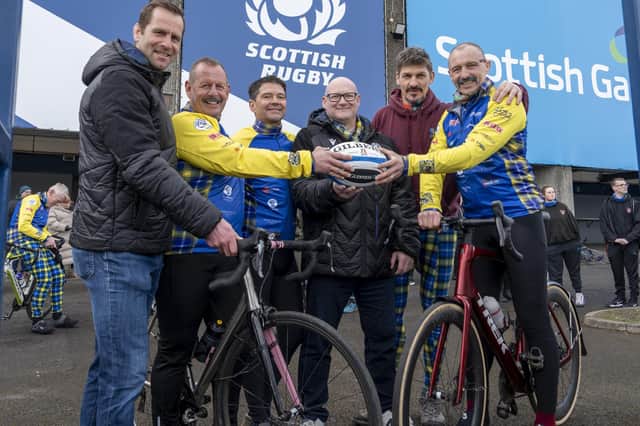 From left, Gala rugby legend Chris Paterson, Ian Barr, Roger Baird, current Scottish Rugby Union president Colin Rigby, Rob Wainwright and Rob Boyns with the match-ball for Saturday week’s Six Nations match in Rome between Italy at Edinburgh's Murrayfield Stadium yesterday (Pic: BigPhil Media)