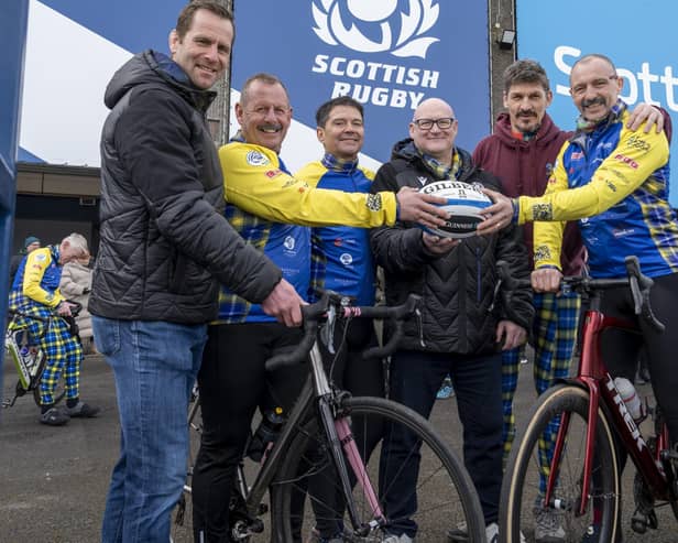 From left, Gala rugby legend Chris Paterson, Ian Barr, Roger Baird, current Scottish Rugby Union president Colin Rigby, Rob Wainwright and Rob Boyns with the match-ball for Saturday week’s Six Nations match in Rome between Italy at Edinburgh's Murrayfield Stadium yesterday (Pic: BigPhil Media)