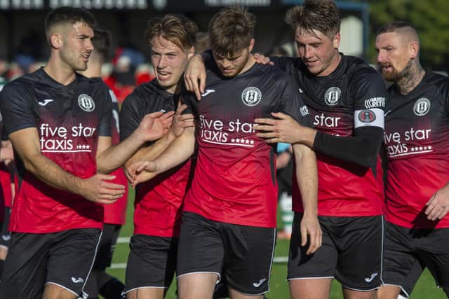 Gala Fairydean Rovers players celebrating Ciaren Chalmers' goal against Celtic B at Netherdale at the weekend (Pic: Thomas Brown)