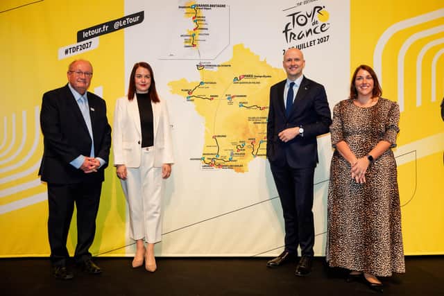 From left, Paul Bush, Stephanie Peacock, Stephen Flynn and Heledd Fychan at the announcement in Paris today, October 22, of the full route that 2027’s Tour de France will take (Photo: Charlie Forgham-Bailey/SWpix.com)