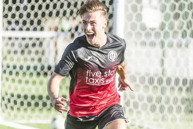 Lewis Hall celebrating scoring for Gala Fairydean Rovers during their 4-3 home defeat by Celtic B on Saturday (Pic: Bill McBurnie)