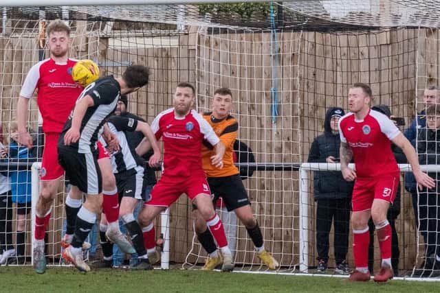 Coldstream on the defensive during their 1-0 away win against table-toppers Dunbar United on Saturday (Pic: Corine Briggs)