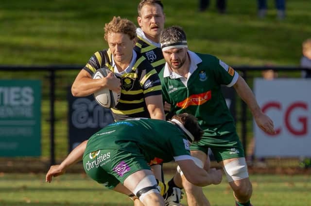 Full-back Callum Anderson in possession for Melrose as they beat Hawick 33-12 at home at the Greenyards on Saturday (Photo: Andy McLean)