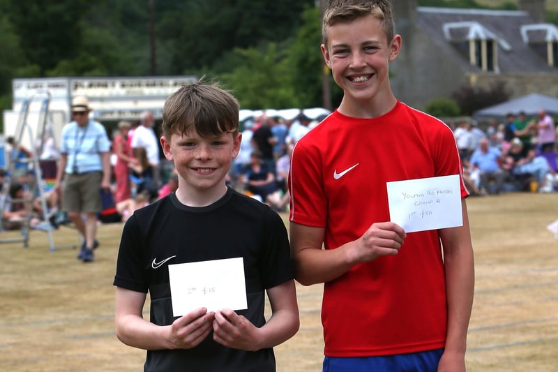 Hawick's Oliver McCraw, winner of the 90m race for youths aged nine to 12 at Saturday's Selkirk Border Games with, left, runner-up Max Vevers, also of Hawick