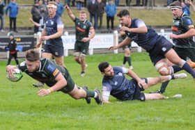 Centre Andrew Mitchell scoring a try for Hawick during their 36-8 win at home at Mansfield Park to Selkirk on Saturday (Photo: Grant Kinghorn)
